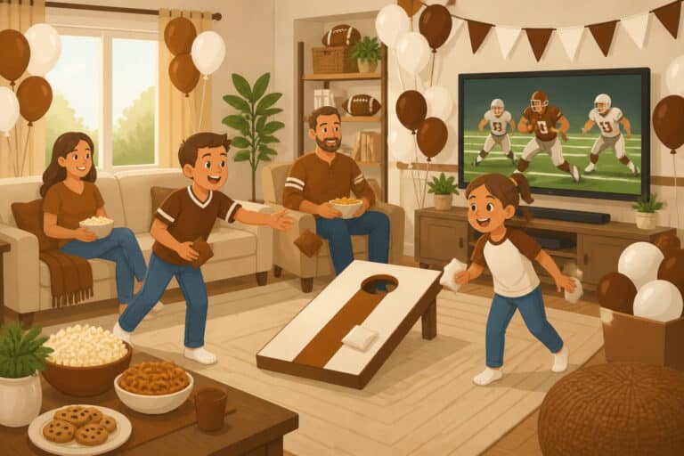 Kids playing a beanbag toss game during a family football watch party