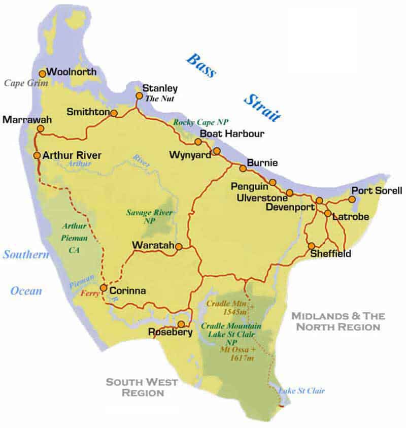 map of northwest Tasmania including Burnie, Stanley, Devonport, Penguin and other areas serviced by G2G gutters