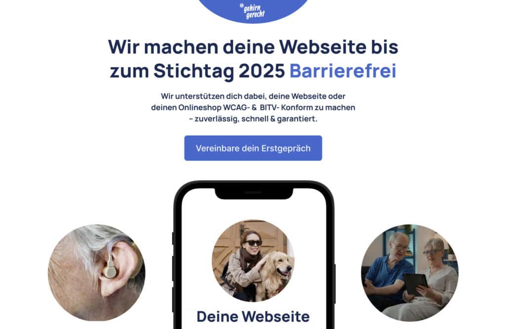 Ein Ausschnitt unserer alten Webseite mit seriöser, blauer Farbe und Bilder von Menschen mit Behinderung.