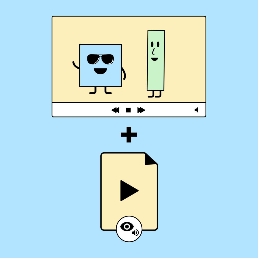 Eine Illustration von einem Video. Es stehen zwei Figuren im Video. Darunter ist ein Plus und ein weiteres Video mit Audiotranskription.