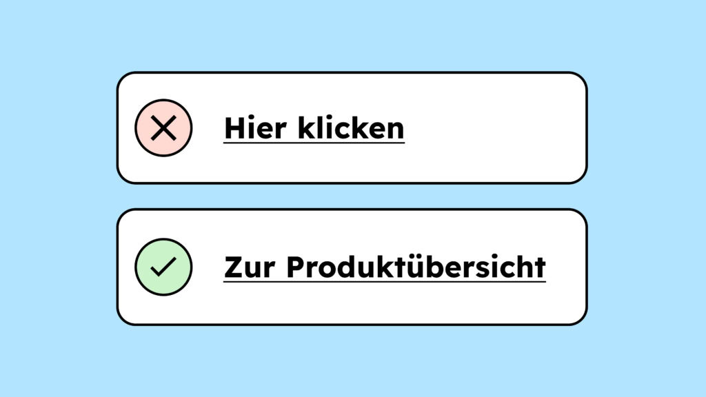 Ein Fehler-Symbol mit einem Link rechts daneben der heißt „Hier klicken“. Darunter ein Bestätigungs-Symbol mit einem Link rechts daneben der heißt „zur Produktübersicht“.