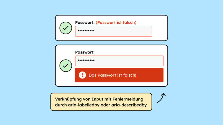 Zwei Inputfelder in die ein falsches Passwort eingegeben wurde. Das ist auf unterschiedliche Weise gekennzeichnet. Bei dem oberen Input steht über dem Feld hinter dem Label: Passwort, in Klammern: Passwort ist falsch. Bei dem unteren Input steht der Hinweis: Das Passwort ist falsch, unter dem Feld. Beides sind richtige Wege.