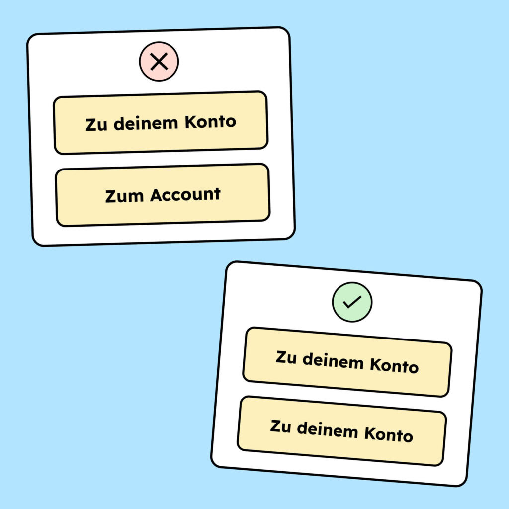 Illustration von zwei Kärtchen mit jeweils zwei Buttons. In dem ersten Kärtchen sagen die Buttons etwas Verschiedenes, und zwar: Zu deinem Konto und Zum Account. In dem zweiten Kärtchen sagen die Buttons das gleiche, und zwar: Zu deinem Konto. Nur das zweite Kärtchen, wo beide Buttons dasselbe sagen ist richtig.