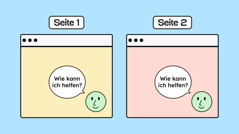 Es sind zwei Screens zu sehen. Bei dem Ersten ist unten rechts eine Hilfe in Form von einem Gesicht mit Sprechblase abgebildet, in der Sprechblase steht "Wie kann ich helfen?". Der Screen wird dann genau so noch mal wiederholt, um zu verdeutlichen, dass die Hilfe an der gleichen Stelle bleiben soll.