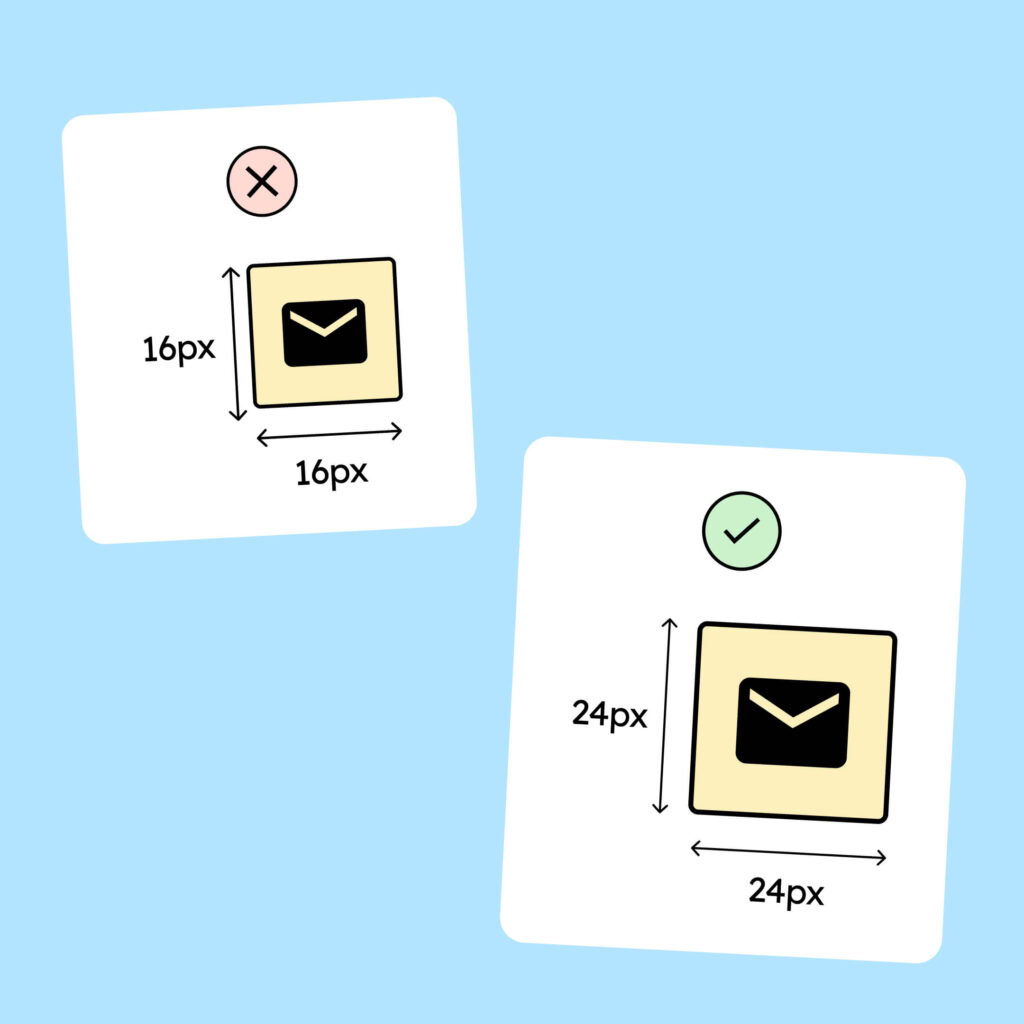 Zwei Schaltflächen mit Icons. Die erste ist nur 16 mal 16 Pixel und damit zu klein. Die zweite ist 24 mal 24 Pixel und damit nach WCAG 2.5.8 groß genug.