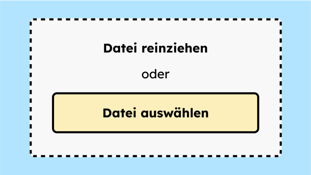 Ein Beispiel eines Feldes, in das der Nutzende eine Datei reinziehen kann. Dazu gibt es noch die Alternative Möglichkeit über einen Button eine Datei hochzuladen.