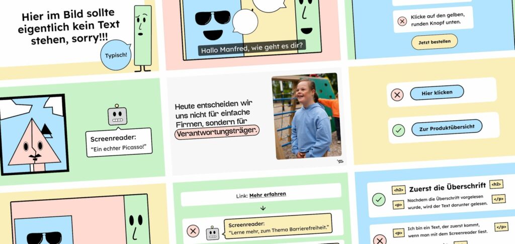 Ein Ausschnitt von neun Folien, aus unserem Workshop über digitale Barrierefreiheit für Content-Ersteller.