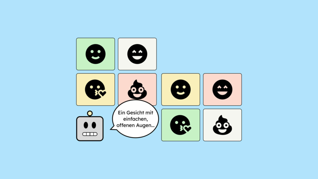 Unterschiedliche lachende Emojis auf gelben, grünen und grauem Hintergrund. Ein Robotergesicht mit gelber Antenne liest die Emojis vor. Er sagt „Ein Gesicht mit einfachen, offenen Augen...“