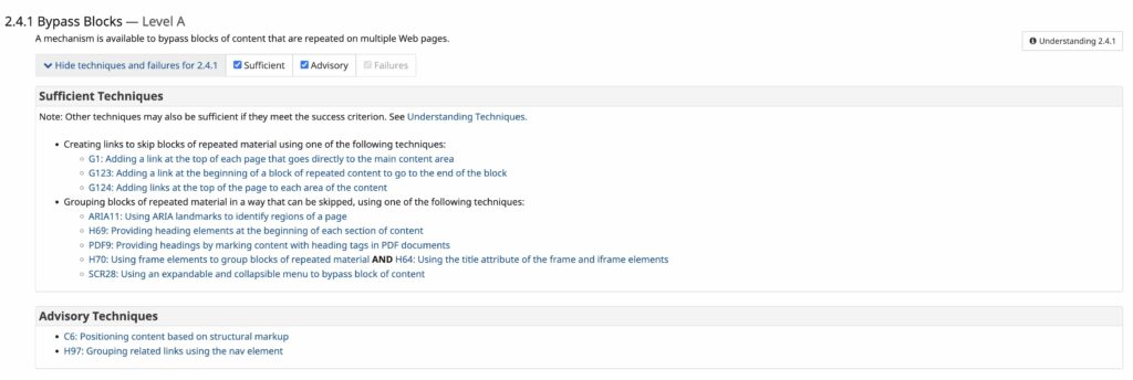 Screenshot vom WCAG-Kriterium. Es ist das Kriterium gelistet und die Techniken, wie man es erfüllen kann.