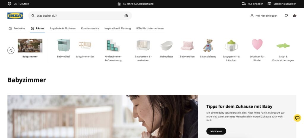 Screenshot von der Ikea-Kategorie-Seite für Babyzimmer. 