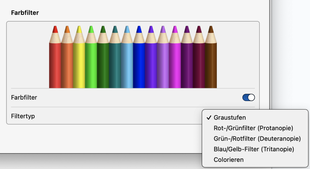Screenshot vom Farbfilter inklusiver der Auswahl der Graustufen oder anderer Filtertypen