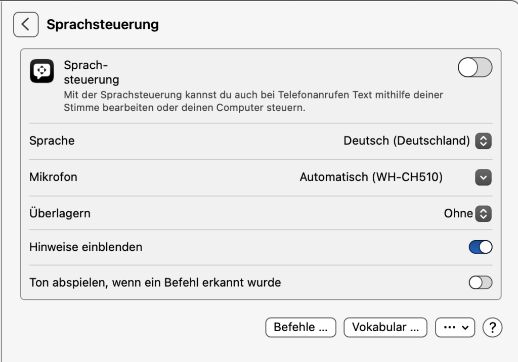 Screenshot von den Sprachsteuerungen auf dem Mac
