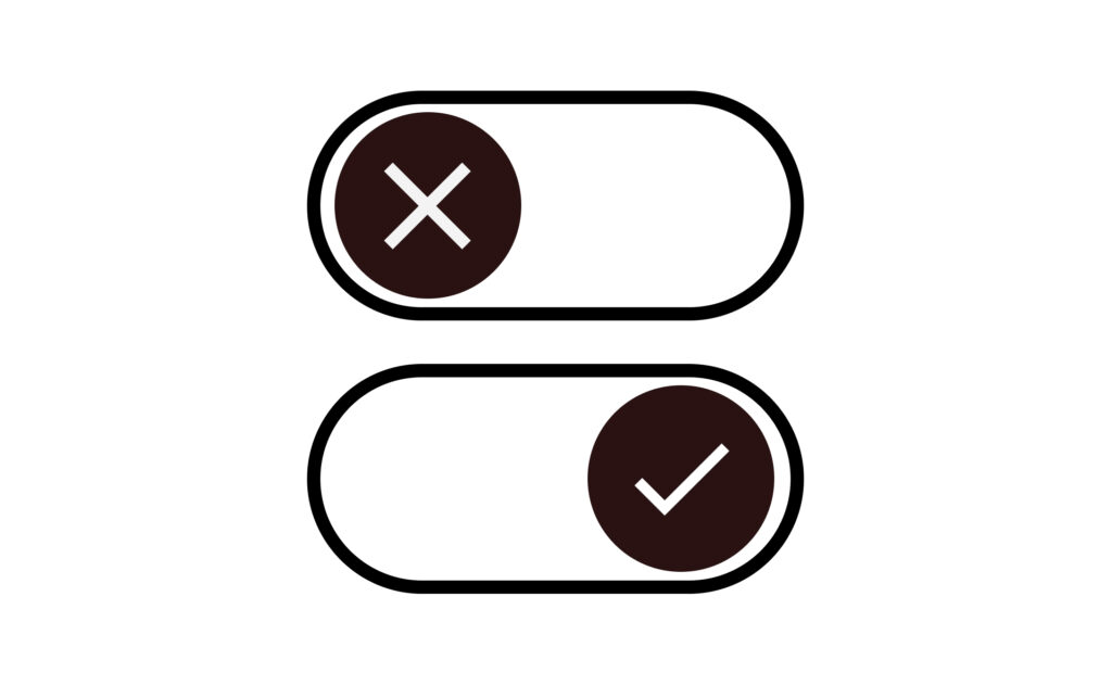 Der Toggle hat Icons. Ein X für aus und ein Hacken für an