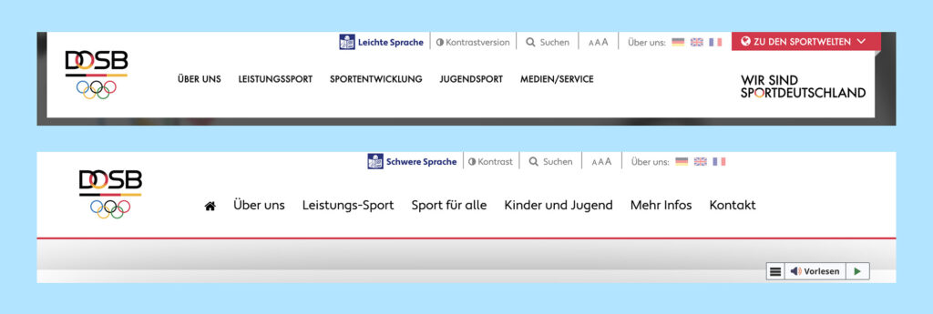 Zwei Screenshots von der Website des deutschen olympischen Sportbunds. Der erste zeigt den Header der Seite wie er regulär angezeigt wird. Der zweite zeit den Header der Seite nach dem aktivieren des leichten Sprache Buttons. Die Schrift ist hier größer. Weniger grafische Elemente und einfachere Begriffe.