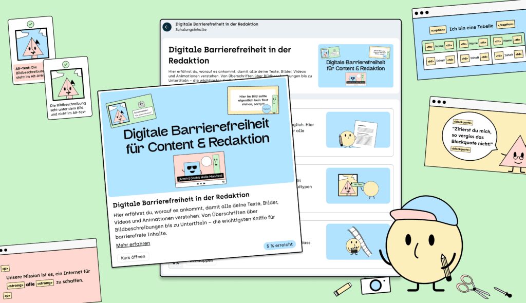 Unser Maskottchen Sam hat einen Stift und eine Kamera in der Hand. Sie erstellt gerade Content in Form von Tabellen, Videos und Texten.
