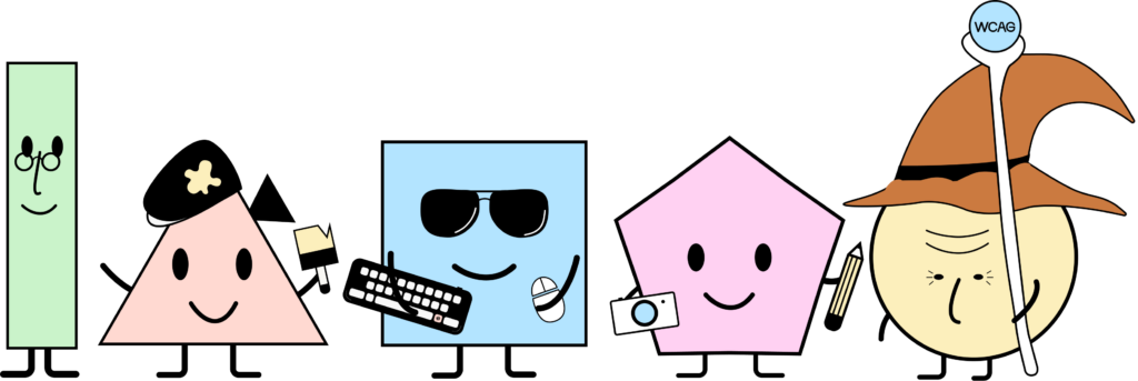 Unsere Maskottchen stehen nebeneinander und zeigen unterschiedliche Jobs. Designer, Tester, Entwickler, Content-Ersteller und Product Owner
