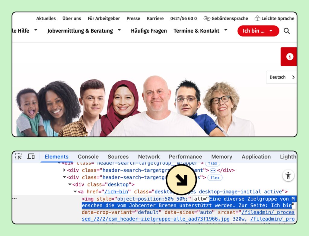 Ein Screenshot von der Website des Jobcenter Bremens. Hier hat ein Foto mit einer Gruppe von Menschen den passenden Alt-Text Eine diverse Zielgruppe von Menschen die vom Jobcenter Bremen unterstützt werden.