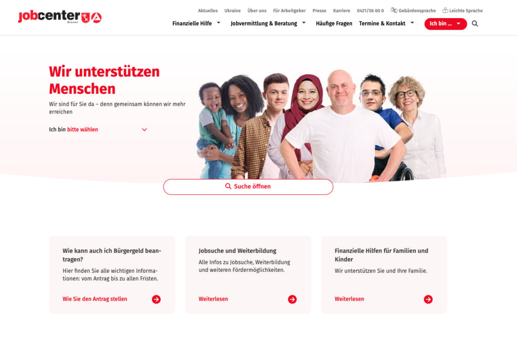 Ein Screenshot der Website des Jobcenter Bremens. Die Seite ist gut designed, übersichtlich gelayoutet und barrierefrei.