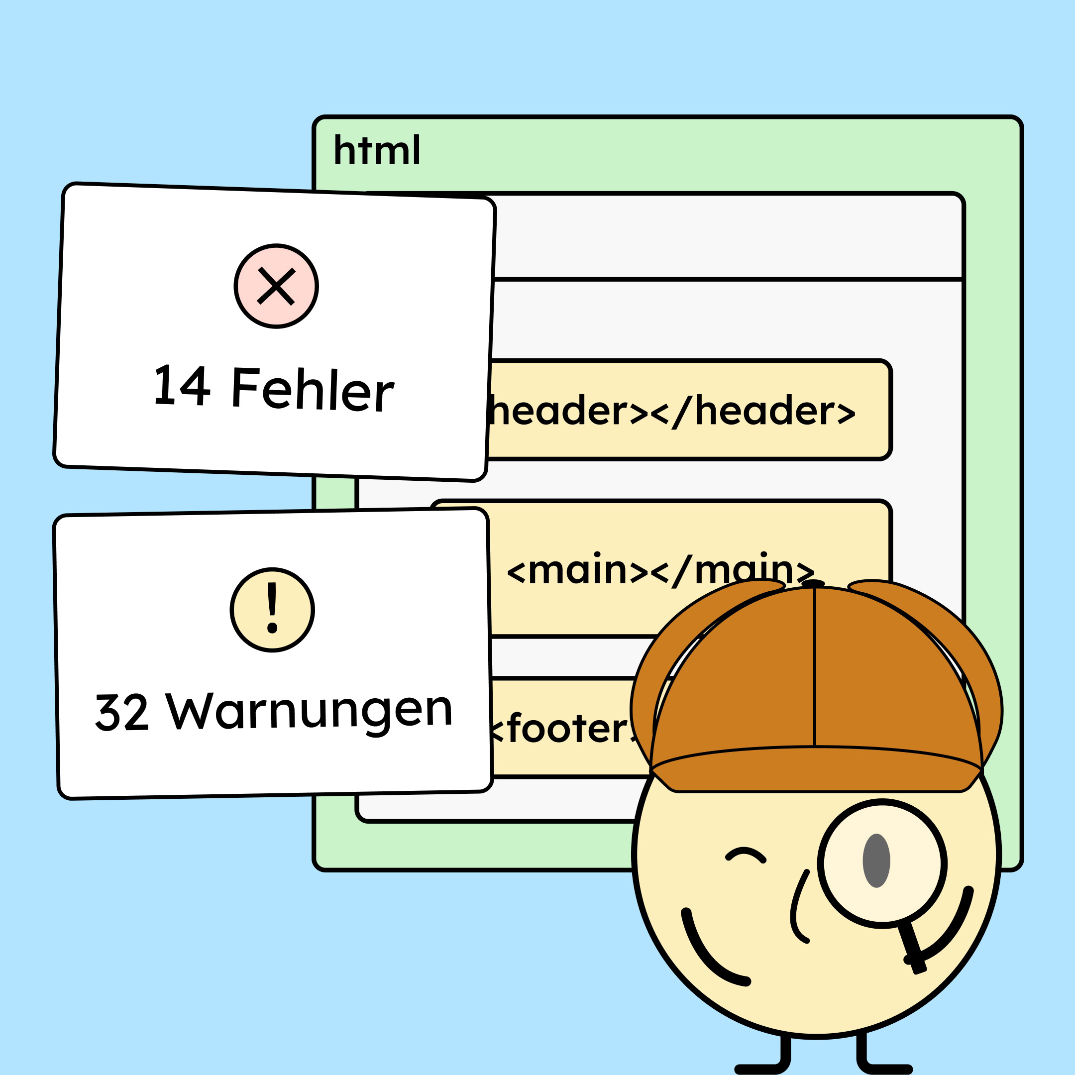 Unser Maskottchen Sam als Sherlock verkleidet untersucht eine HTML-Seite und findet Fehler und Warnungen.