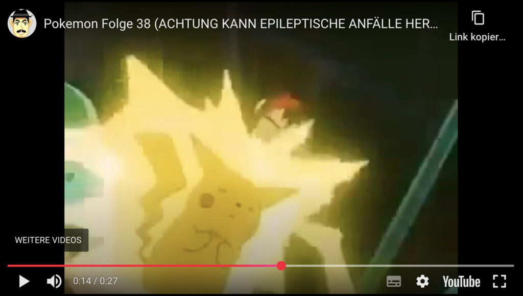Screenshot der Pokémonfolge mit Pikachu, der Blitze feuert