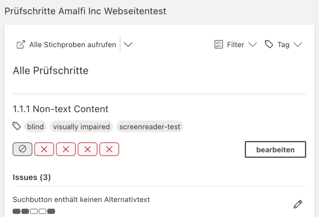 Screenshot Benutzeroberfläche CAAT Tool Prüfschritte.