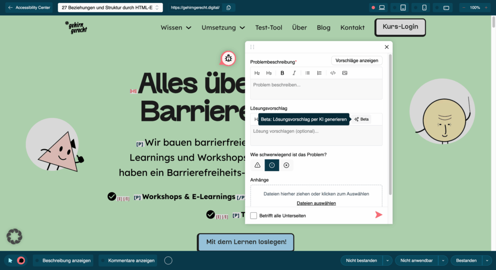 Screenshot Benutzeroberfläche Accessibility Center mit Fenster für Kommentar.