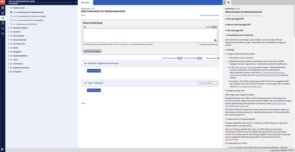 Screenshot Benutzeroberfläche BIK-BITV-Selbstbewertung.