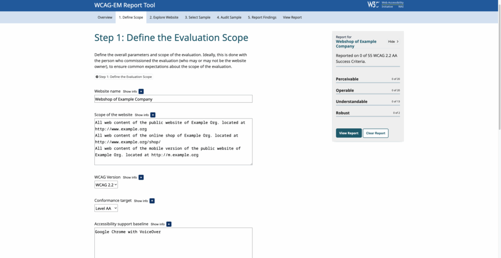 Screenshot Benutzeroberfläche WCAG-EM Report Tool Step 1.