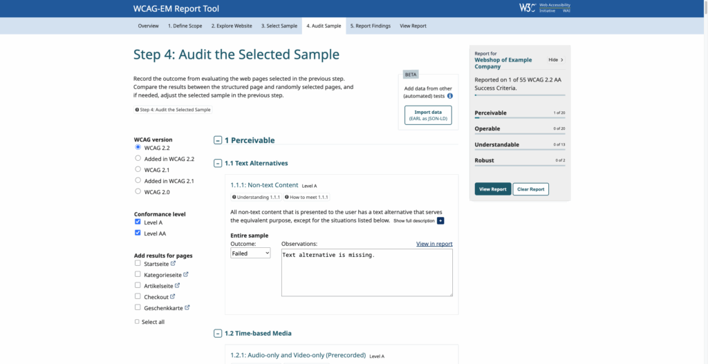 Screenshot Benutzeroberfläche WCAG-EM Report Tool Step 4.