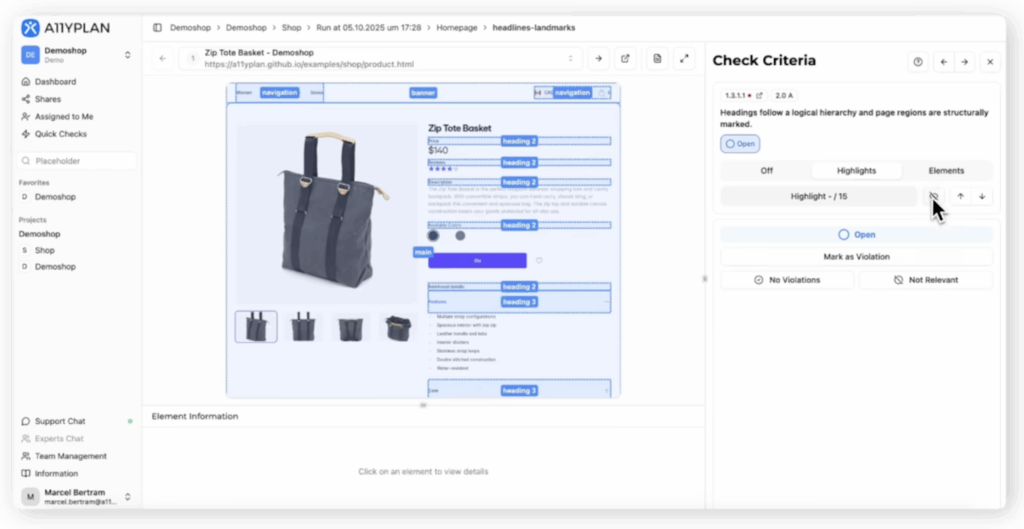 Der Bereich Visual Audit mit einem ausgewählten Prüfschritt und einem Screenshot der Seite, darauf sind die ausgezeichneten Überschriften visuell hervorgehoben.
