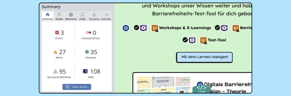 Screenshot WAVE Plugin mit Testergebnissen.