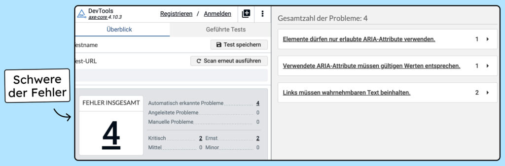 Screenshot axe Plugin Testergebnisse.