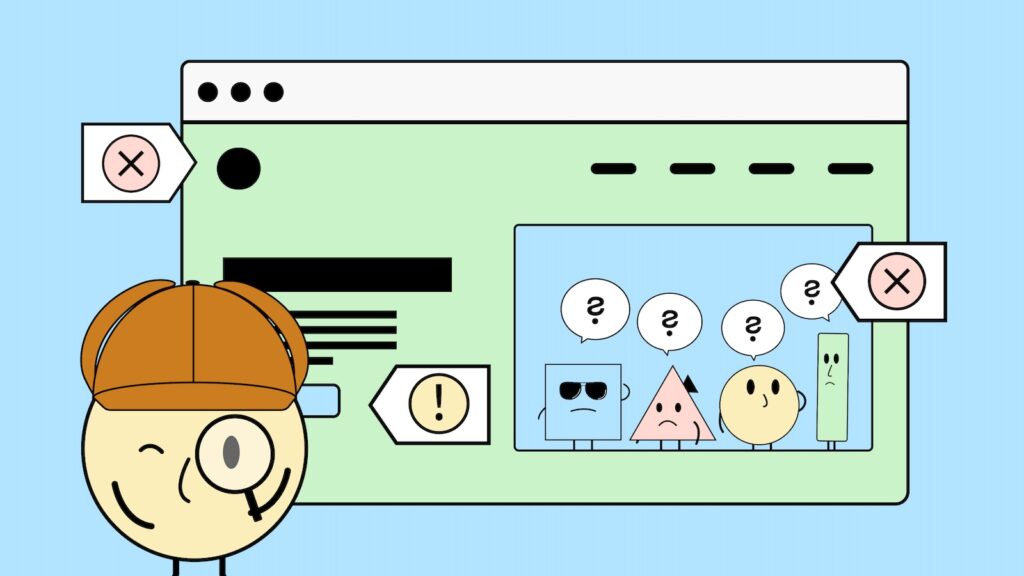 Unser Maskottchen Sam testet eine Webseite auf Barrierefreiheit.
