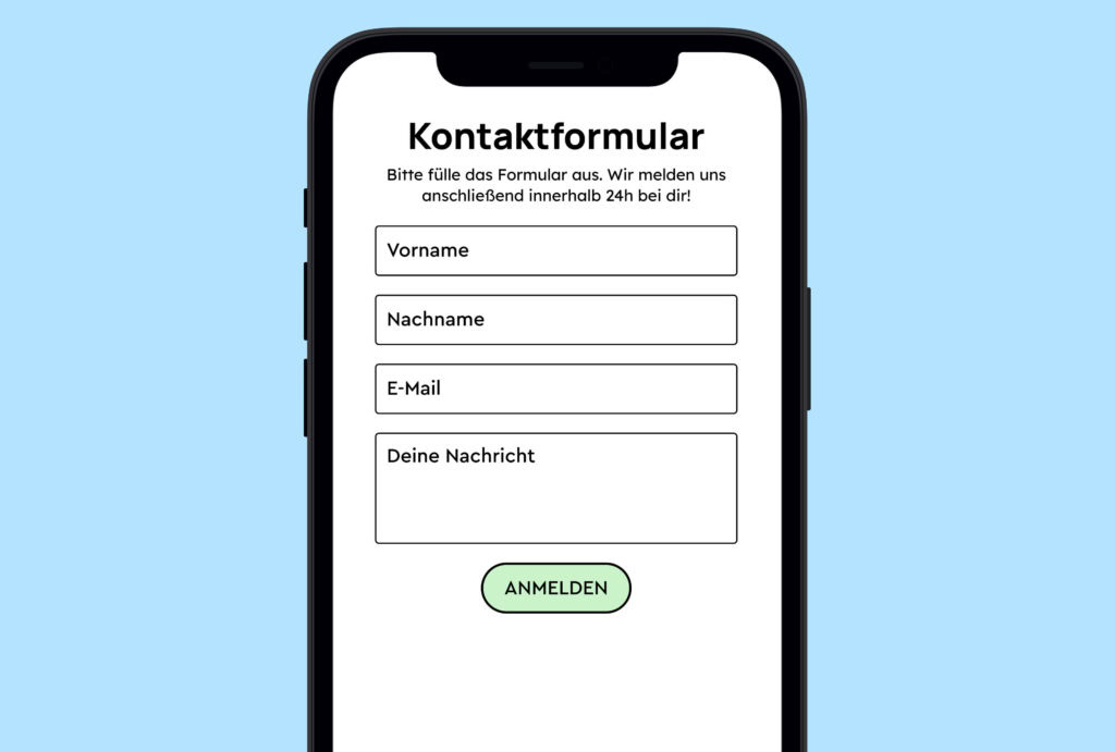 Illustration eines einfachen Kontaktformulars mit Vorname, Name, E-Mail und einem Text-Feld, die das Label nur als Placeholder haben.