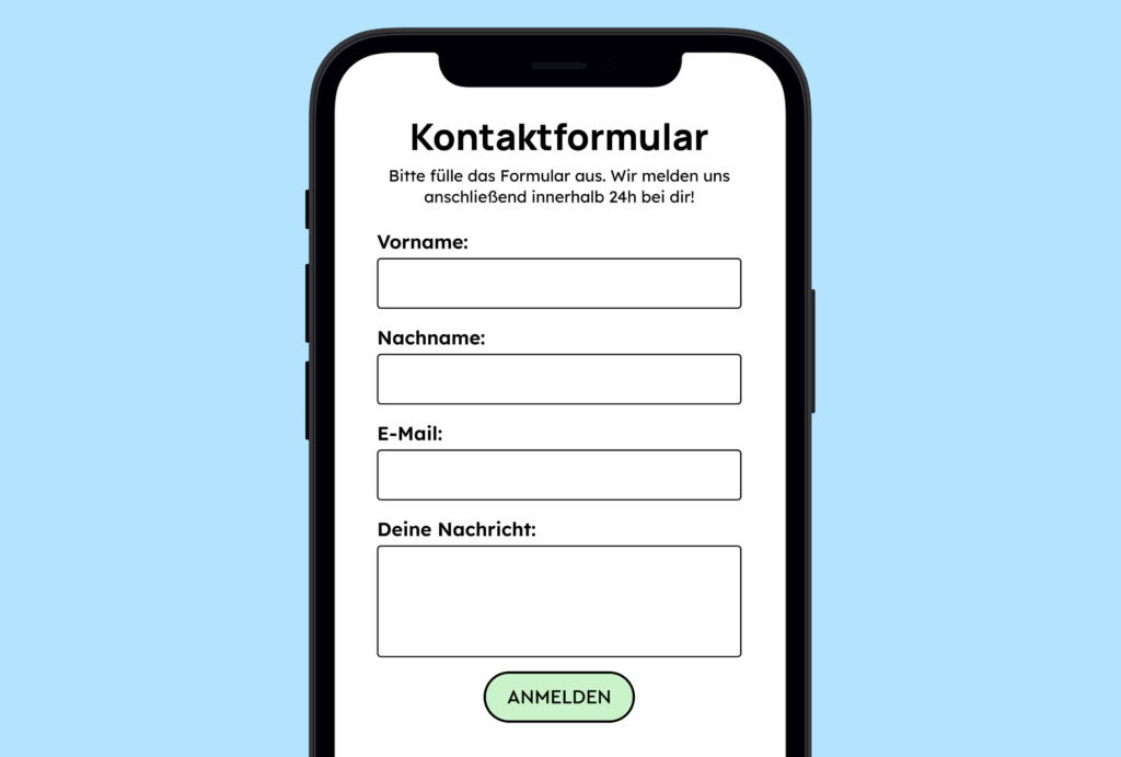 Illustration eines einfachen Kontaktformulars mit Vorname, Name, E-Mail und einem Text-Feld, die das Label als echtes Label haben.