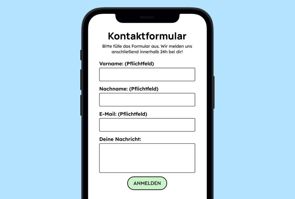 Illustration eines einfachen Kontaktformulars mit Vorname, Name, E-Mail und einem Text-Feld, die eine Kennzeichnung für Pflichtfeld haben.