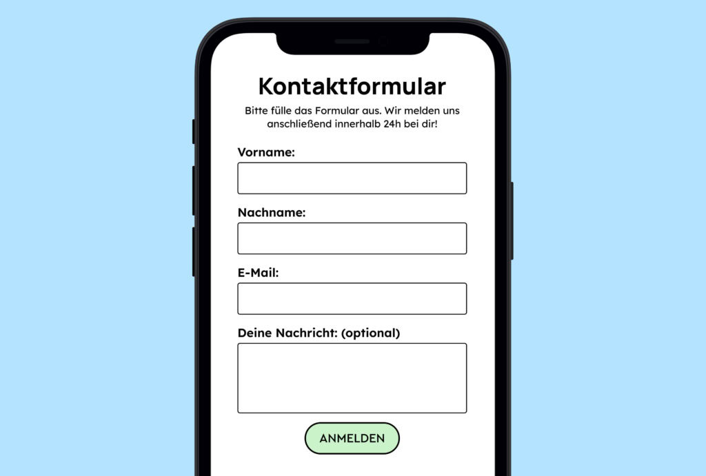Illustration eines einfachen Kontaktformulars mit Vorname, Name, E-Mail und einem Text-Feld, die eine Kennzeichnung nur für optional haben.