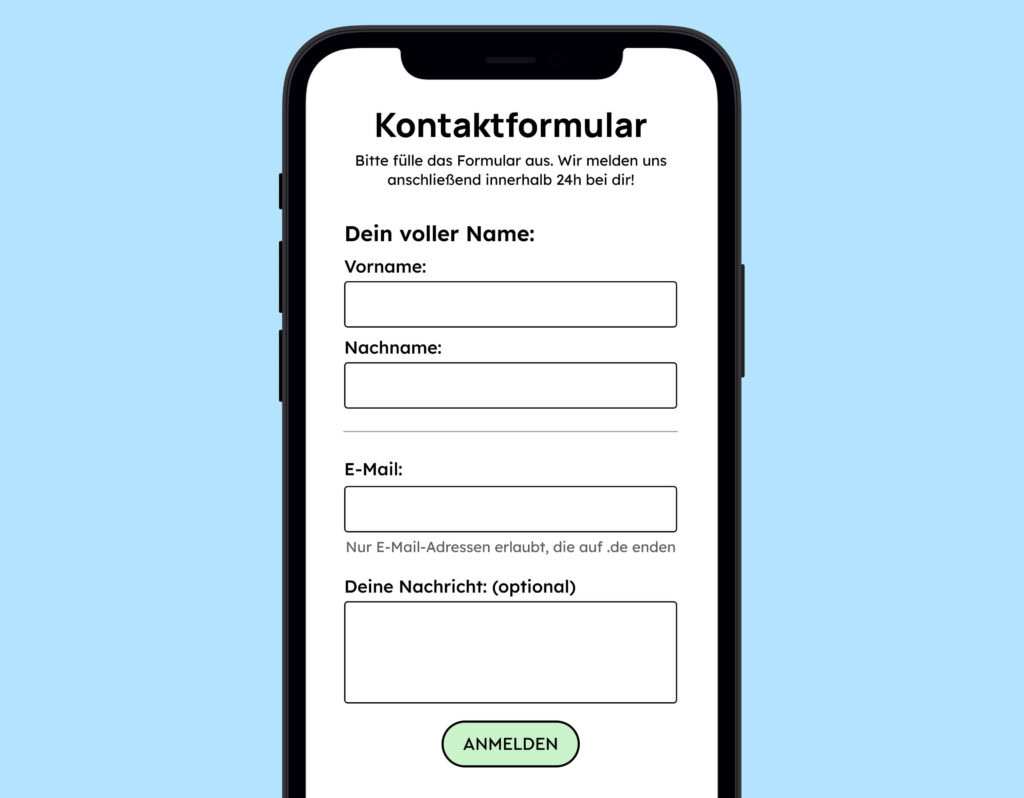 Das Formular wurde in 2 Abschnitte gegliedert. Der erste hat den vollen Namen, der zweite E-Mail und Nachricht. 