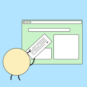 Eine gelbe Figur fügt auf einer Webseite ein Zitat hinzu.