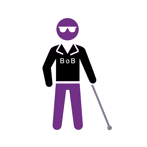 Logo von Sebastian Schulze. Eine Figur mit Sonnenbrille, Lederjacke und Blindenstock.