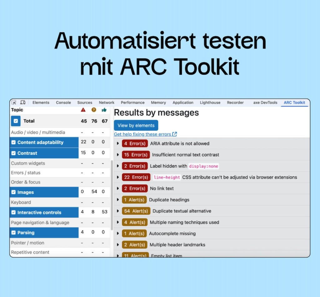 Screenshot von den Testergebnissen von ARC-Toolkit in der Entwicklerkonsole.