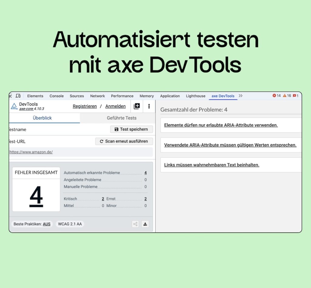 Screenshot von den Testergebnissen von axe-DevTools in der Entwicklerkonsole