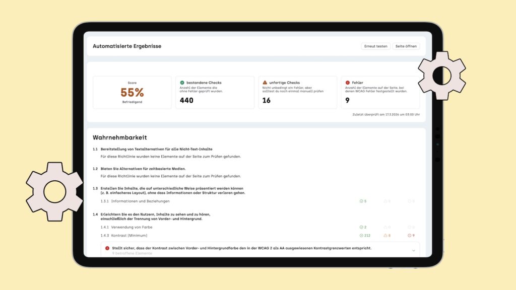 Screenshot der automatisierten Testung einer Seite mit sitebrunch Accessibility