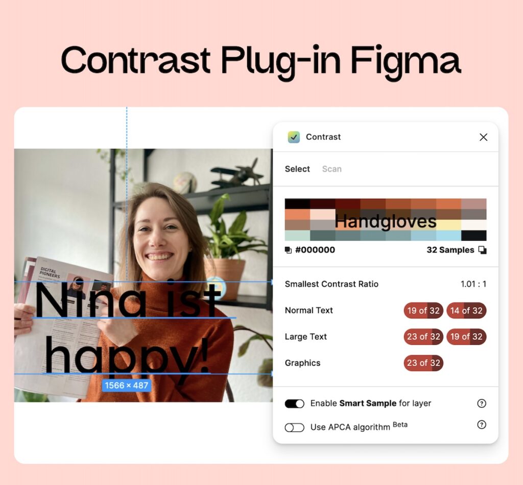 Screenshot vom Color-Contrast-Plug-in für Figma, mit dem man auch den barrierefreien Farbkontrast von Text auf Bildern messen kann.