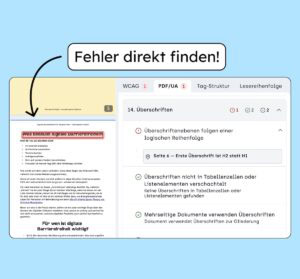 Screenshot der Prüfergebnisse des PDF-Checks des Accessibility Centers. Die Fehlerhafte Stelle im PDF ist markiert.