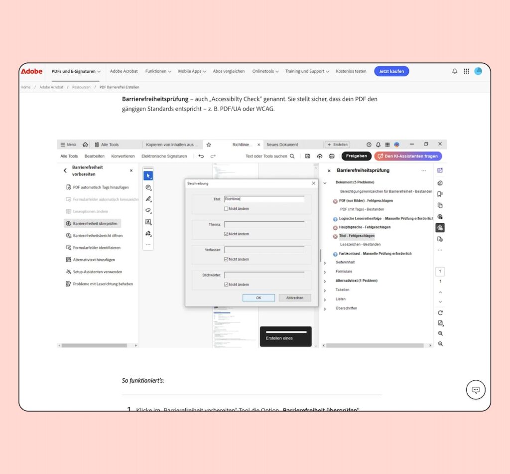 Screenshot der Website von Acrobat Reader auf der erklärt wird, wie man ein PDF nachträglich tagged.