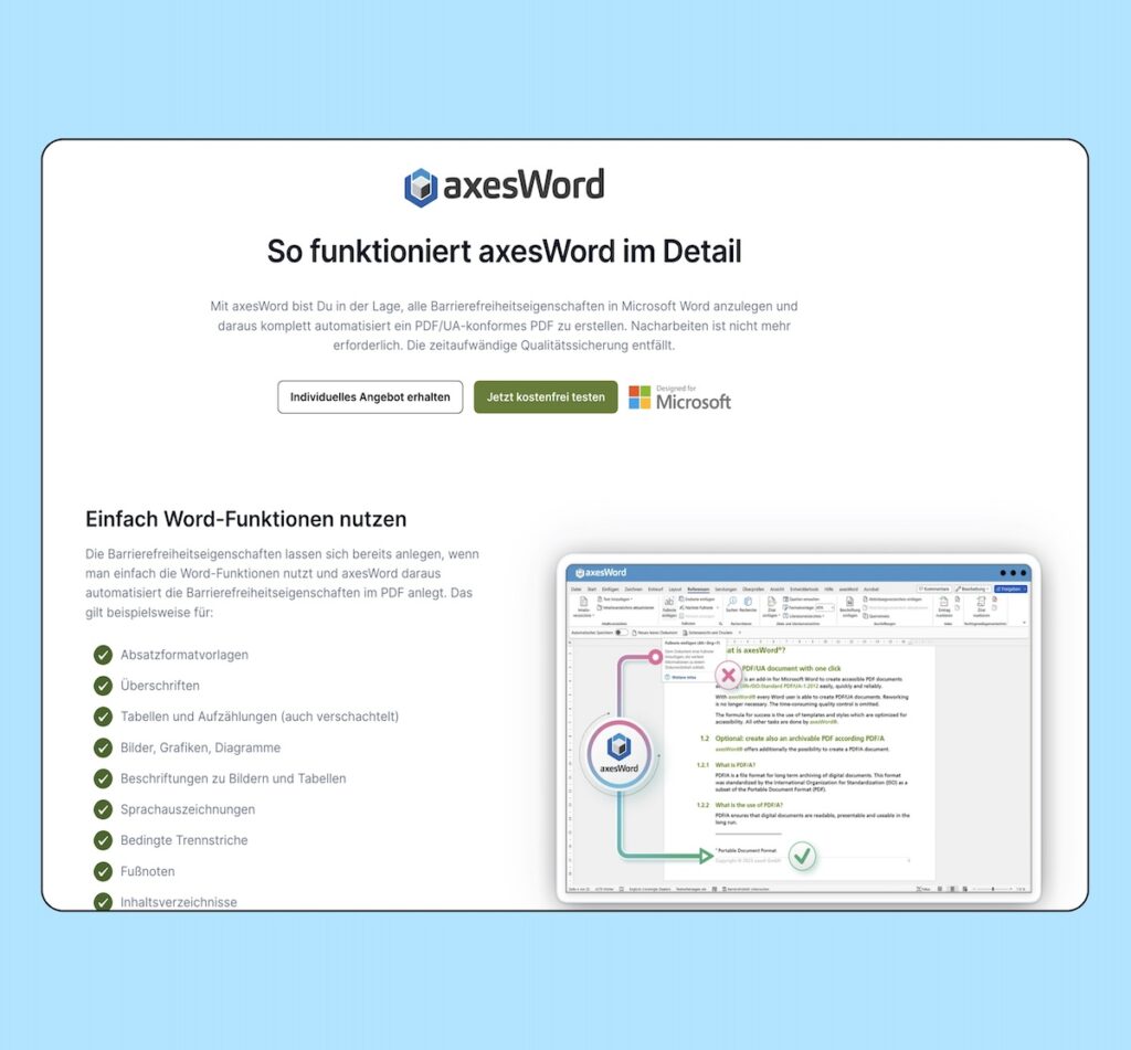 Screenshot der Website von axesWord, auf der die Vorteile des Produkts erklärt werden.