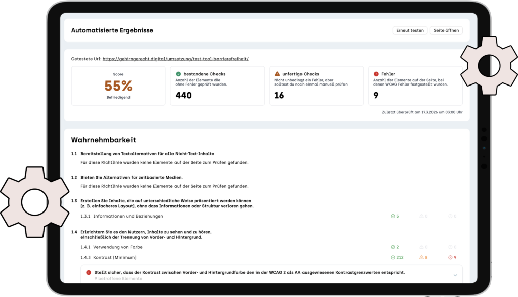 Screenshot der automatisierten Testung einer Seite mit sitebrunch Accessibility