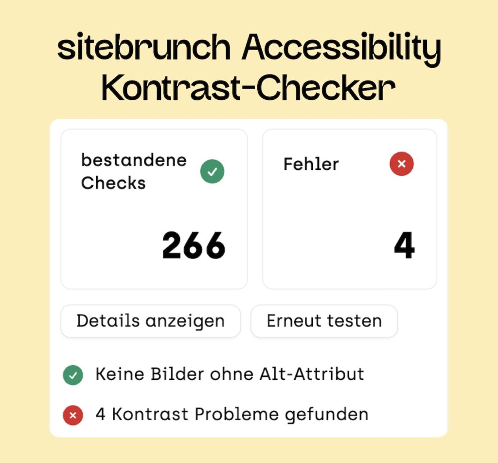 Screenshot von den automatisierten Ergebnissen des sitebrunch Accessibility Kontrast-Checker auf Barrierefreiheit.