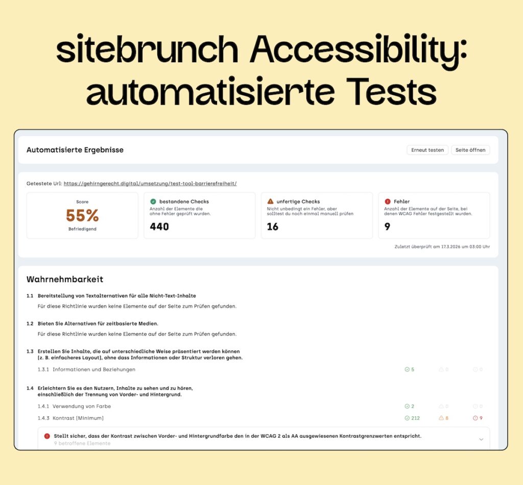Screenshots vom automatisierten Testergebnis von sitbrunch mit bestanden und gefailten Checks.